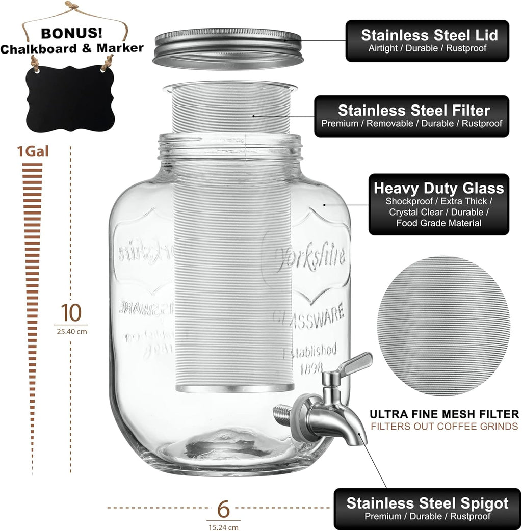 1 Gallon Cold Brew Coffee Maker - 3rd Generation Fine Mesh Filter - Stainless Steel Spigot - Extra Thick Large Glass Mason Jar Drink Dispenser Carafe, Iced Coffee Maker & Sun Tea Pitcher with Infuser.