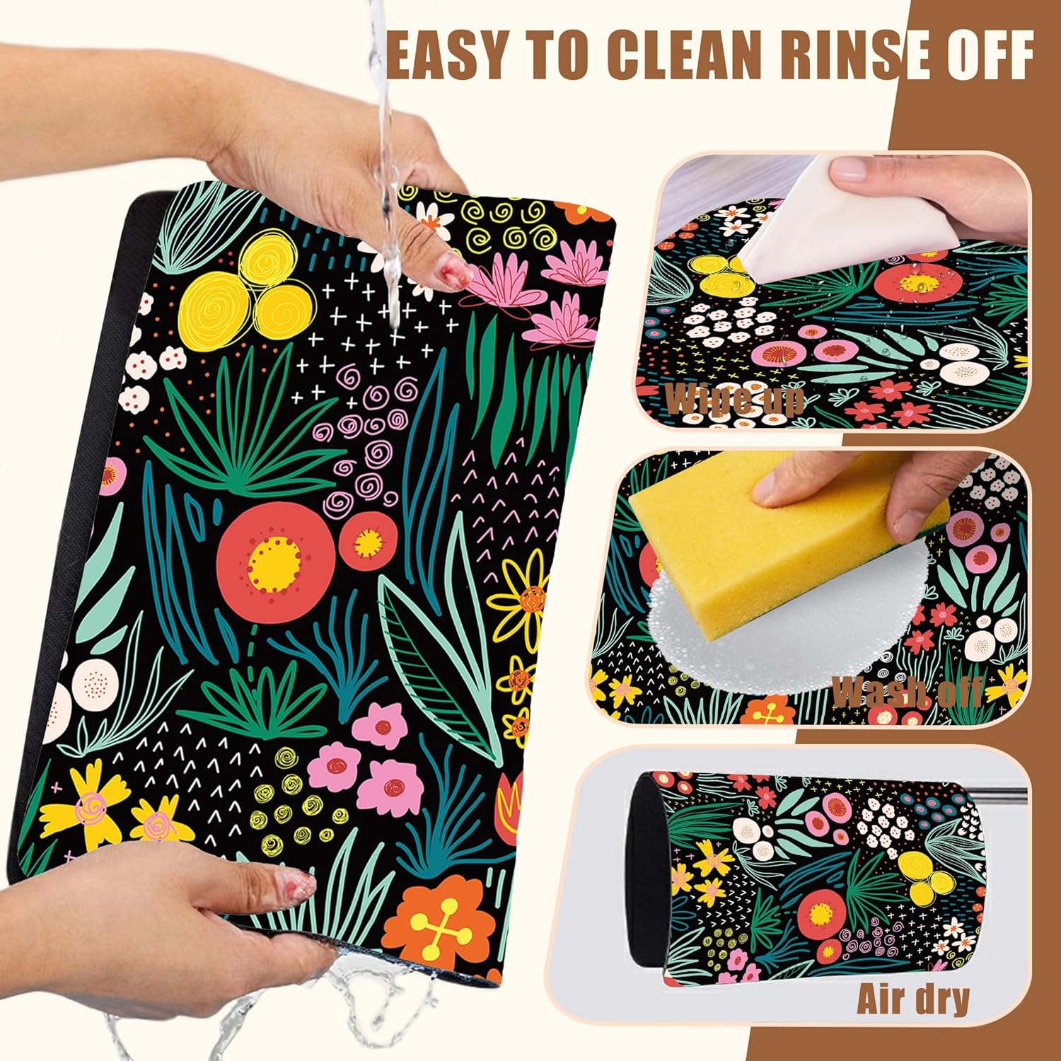 Dish Drying Mat Doodle Flower Meadow Coffee Bar Mat for Countertop Absorbent Rubber Backed Hide Stain Dish Drainer Rack Pad Coffee Pot Espresso Machine Dining Room Decoration 11.8 x 19.7 Inch