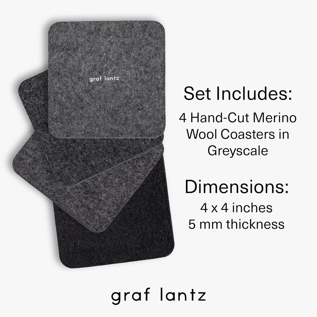 Graf Lantz - Bierfilzl Merino Wool Square Coasters Set of 4 - Greyscale (4"x4"x5mm) - Absorbs 30% Weight, Natural German Wool - Heat Resistant, Sustainable, Reusable - Home Decor, Coffee Table Decor