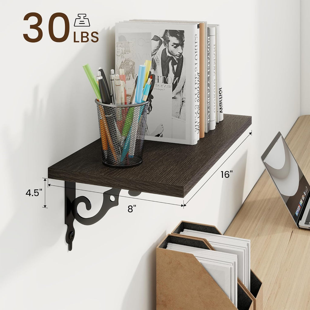 RICHFOCUS Floating Shelves for Wall Decor, 8 Inch Deep Wall Shelves Set of 2, 16W x 8D Black Floating Shelves Wall Mounted with Metal Brackets, Rustic Wood Shelves for Living Room Bedroom Kitchen