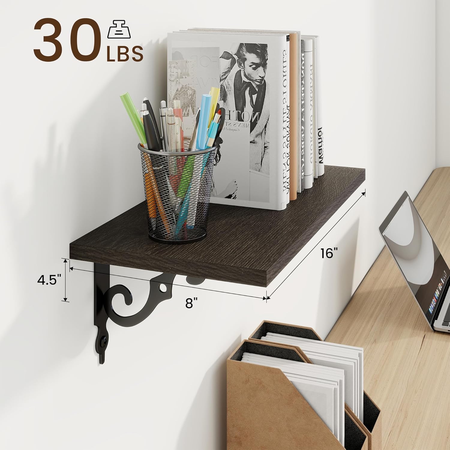 RICHFOCUS Floating Shelves for Wall Decor, 8 Inch Deep Wall Shelves Set of 2, 16W x 8D Black Floating Shelves Wall Mounted with Metal Brackets, Rustic Wood Shelves for Living Room Bedroom Kitchen