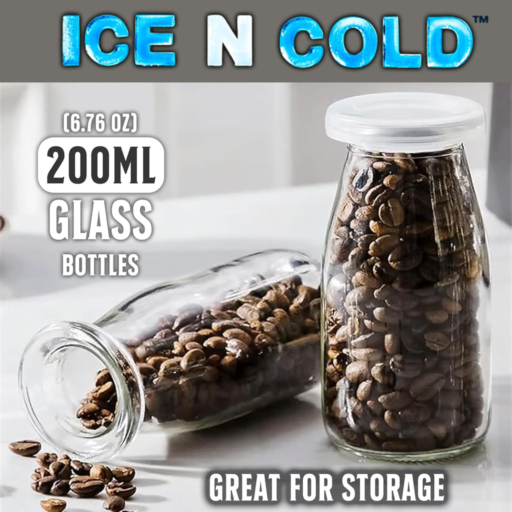 6.76 oz / 200ml Vintage Glass Bottle with Leakproof Clear Lid, Reusable & Eco-Friendly – Ideal for Milk, Juices, Smoothies, Infused Water, BPA-Free Glass Bottle (72-Pack)