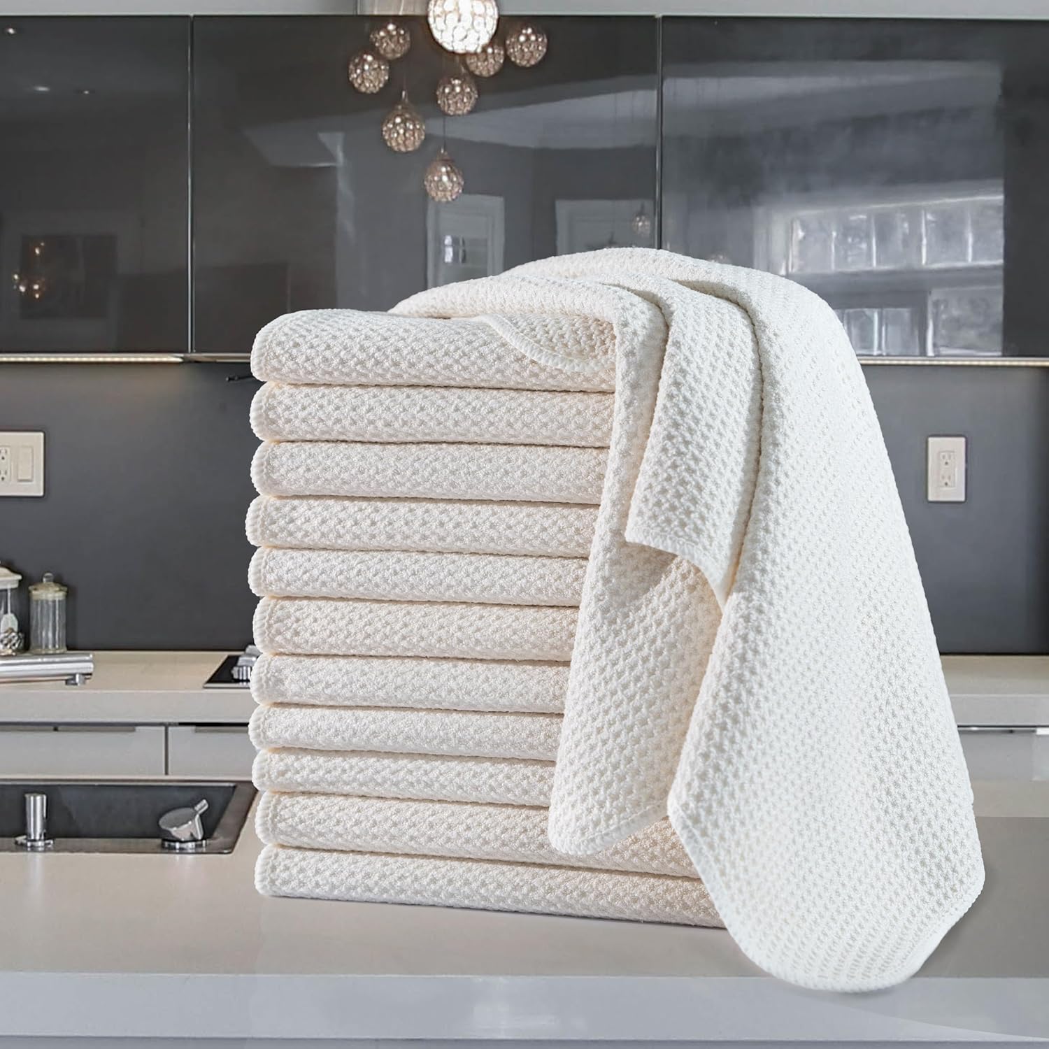 POLYTE Premium Microfiber Kitchen Dish Hand Towel Waffle Weave 12 Pack (16x28 in, Off White)