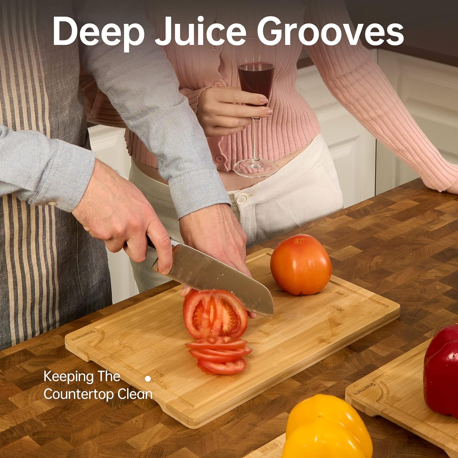 Bamboo Cutting Boards for Kitchen, Wood Cutting Board with Holder, Bamboo Cutting Board Set Reversible with Juice Grooves for Meat Cheese Fruit and Vegetables (Four Piece Set)