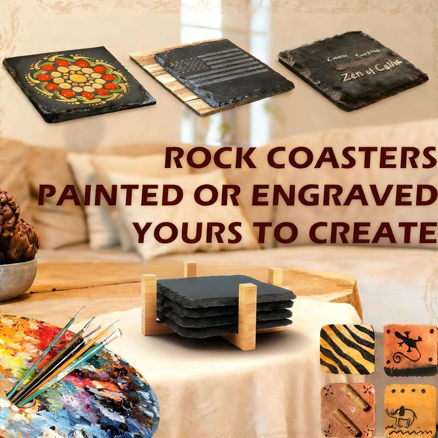 Black Natural Stone Coasters Set of 4, Sleek Minimalist Square Drink Coasters with Natural Edge, Durable Anti-Scratch Table Décor for Home, Kitchen, Bar & Office, Protects Wood & Glass Surfaces