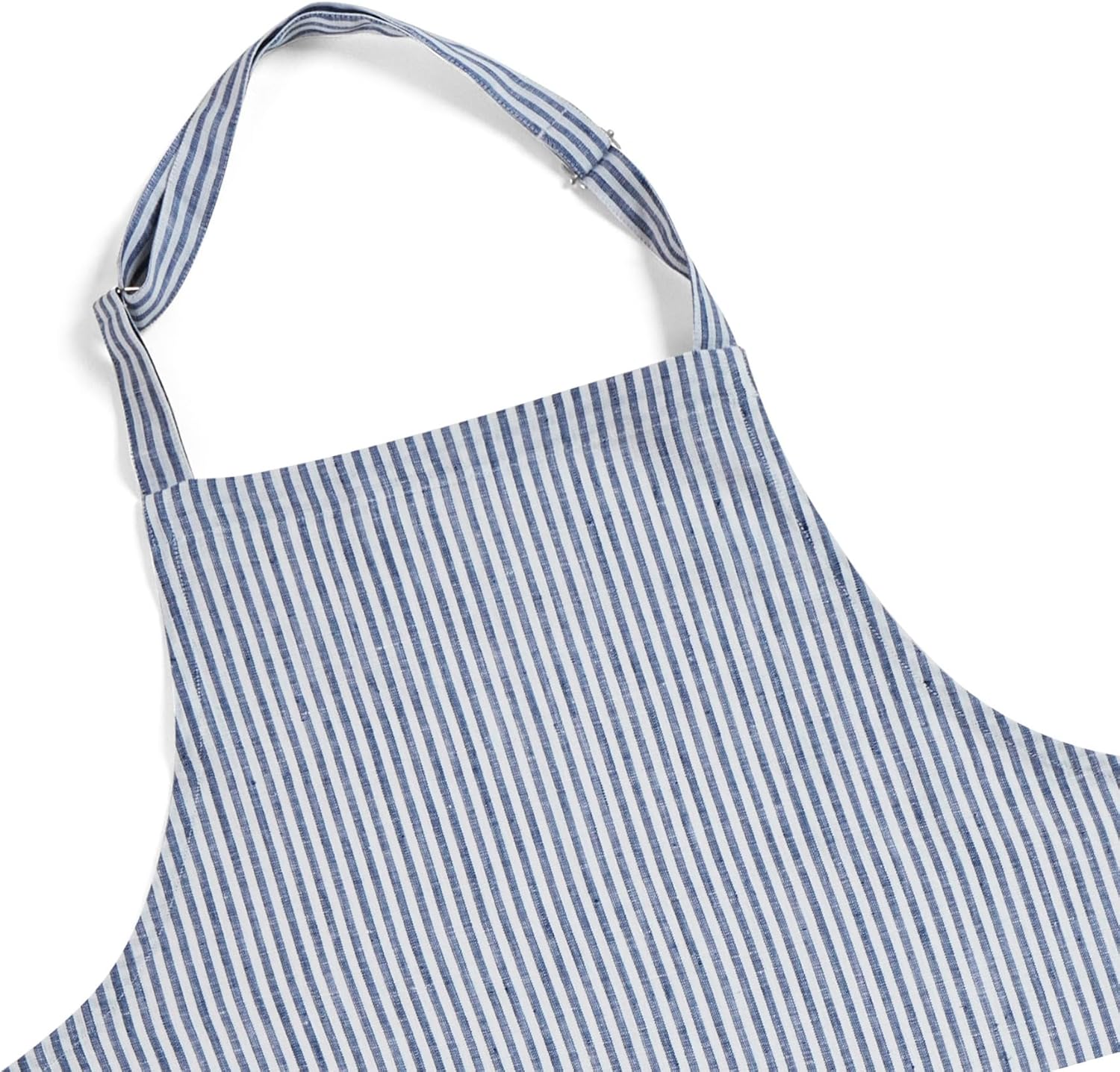 Solino Home 100% Pure Linen Apron for Women & Men - Navy and White Stripe Full Midi Bib Apron, Adjustable Neck Strap with Center Pockets for Kitchen, Chef - Handcrafted from European Flax