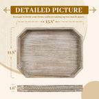 MAONAME Wood Serving Tray, Farmhouse Wooden Tray for Coffee Table, Octagonal Beaded Trays, Washed White Decorative Trays for Living Room, Kitchen, 15.7" X 10.2" X 1.6"