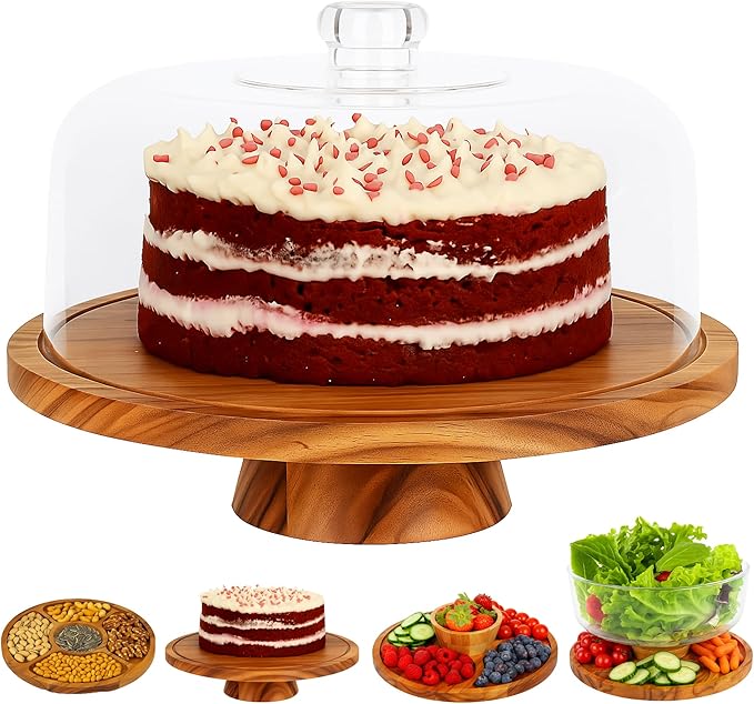JOEY'Z 6 in 1 Large Acacia Wood Cake Stand with Lid - Multiuse Wooden Cake Stand with Dome Acrylic Cake Cover/Cake Dome - Cake Holder With Lid - Cake Stands