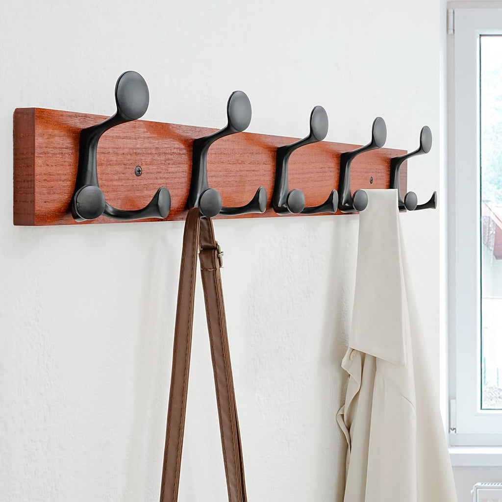 SKOLOO 24-Inch Cherry Wood Coat Rack Wall Mount with 5 Triple Hooks - Ideal for Family Entrances, Classrooms, and Pet Supplies Storage - Perfect Coat Hooks for Wall