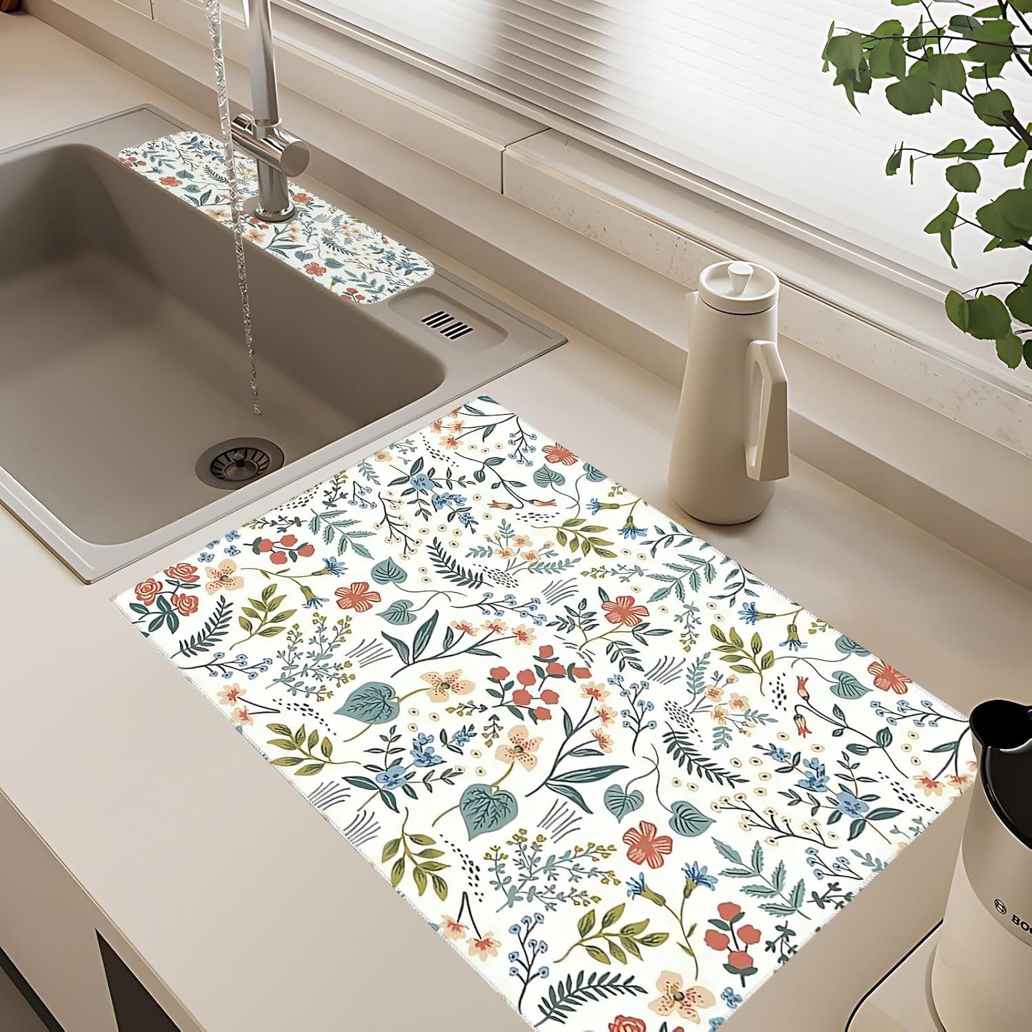 2Pcs Dish Drying Mats Faucet Mats Sets Large Size Coffee Mats Sink Faucet Mat Splash Guard for Kitchen Counter Bathroom Sink Coffee Bar Kitchen Decor (Wildflowers 1, 18"x24" 15" x 5.5"Set)