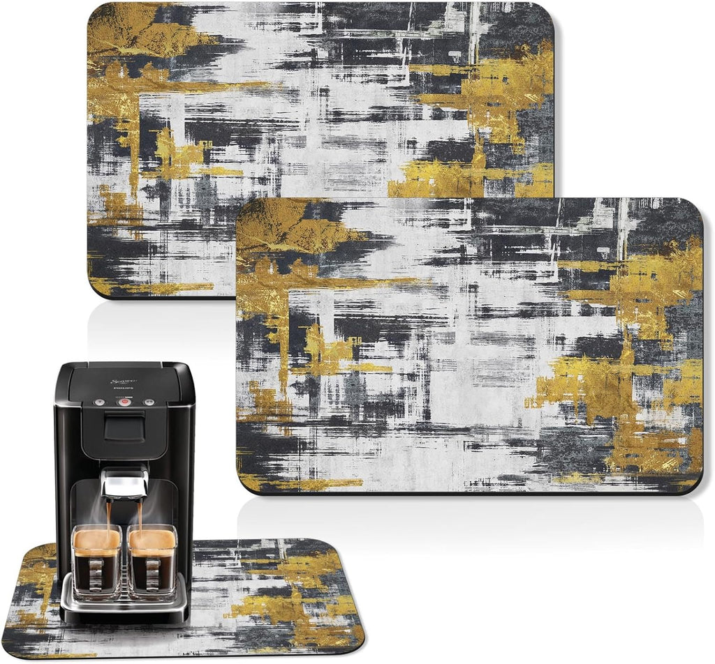 Arttown Coffee Mat for Countertops, Abstract Black Golden Minimalism Grey Dish Drying Mat 2 Pcs for Kitchen Bar Accessories, Coffee Maker Espresso Machine Dish Rack Hide Stain Rubber 12x19in