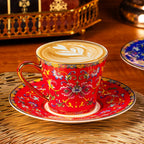 KAMMAK Tea Cups and Saucers Set of 2, Porcelain Coffee Cup with Saucer for Espresso, Cappuccino, 8oz Vintage Red and Blue Ceramic Demitasse Mug for Home, Tea Party, Office
