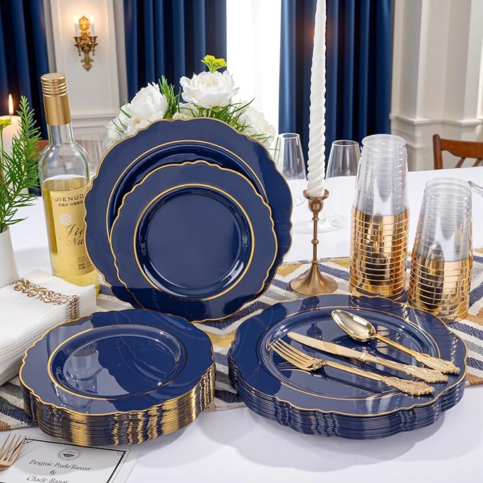 KIRE 210Pcs Navy Blue Plastic Plates - Blue Plates Disposable - 30guest Baroque Plastic Dinnerware for Hanukkah/Upscale Wedding/Parties