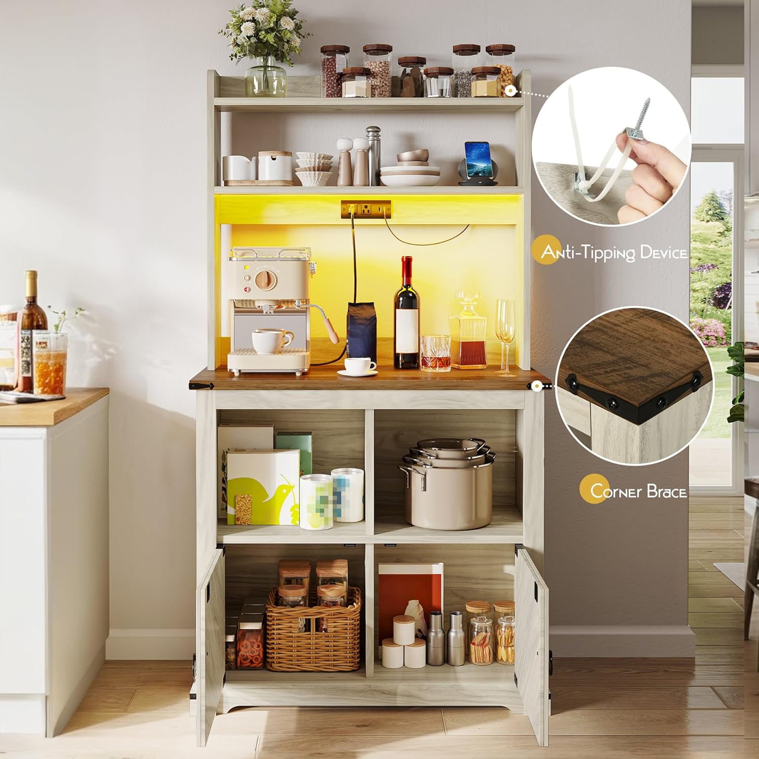 YITAHOME Bakers Rack Cabinet, Microwave Stand with Power Outlet & RGB LED Lights, Farmhouse Coffee Bar Station with Storage, 5-Tier Kitchen Pantry Hutch for Dining Living Room,White Walnut Grain