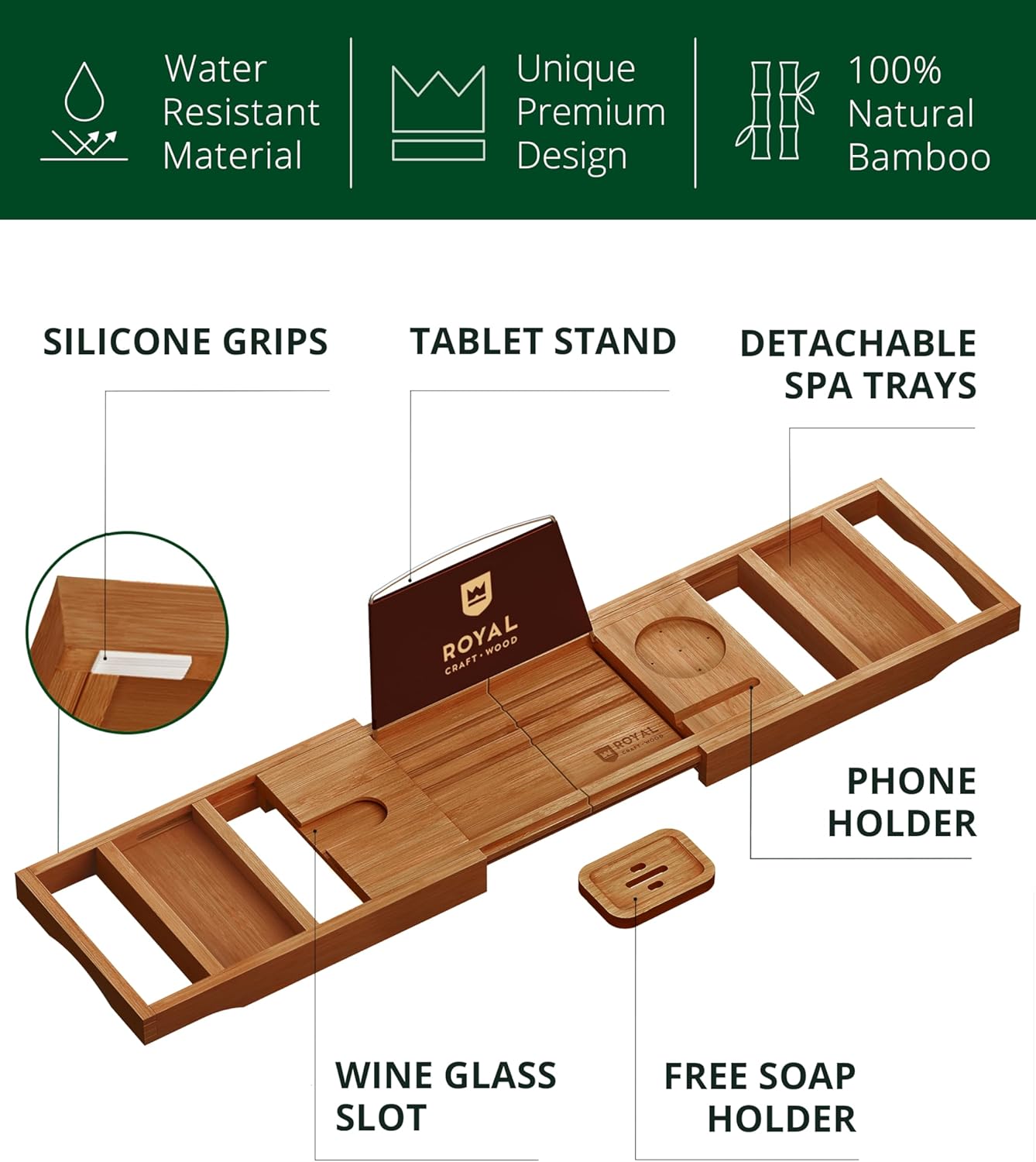 ROYAL CRAFT WOOD Premium Foldable Bathtub Tray - Wood Bath Tray for Tub, Bamboo Shelf, Expandable Bath Table Trays, Bathtub & Bathroom Accessories for New Home Gifts for Mom