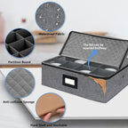 homyfort Mug Coffee Storage Box with Dividers - Stackable Glass China Storage Containers Hard Shell with Lid, Label and Handles, Holds 12 Coffee Mugs and Tea Cups (Dark Grey)