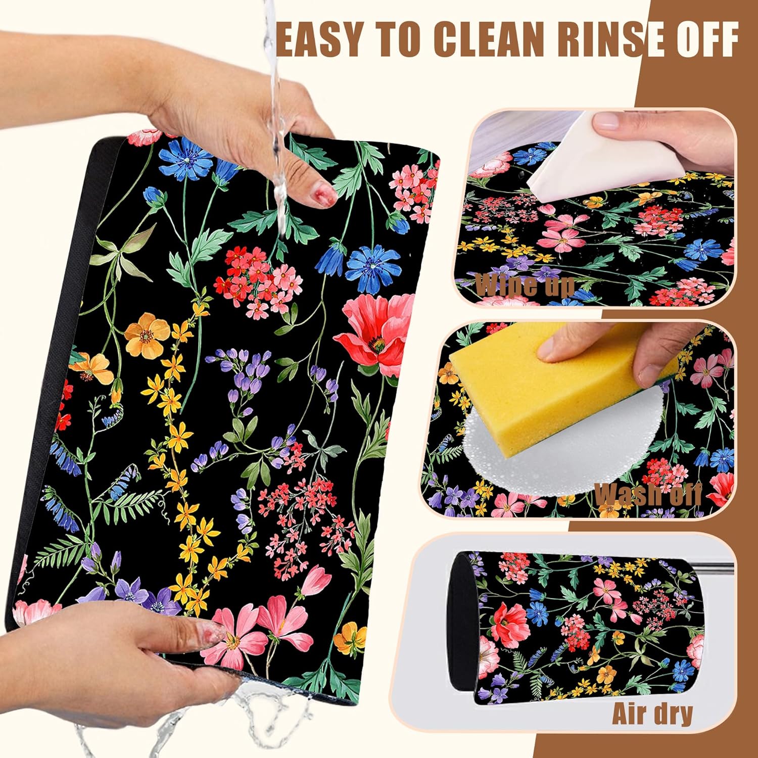 Beautiful Flowers Dish Drying Mat for Kitchen Counter Coffee Bar Mat Hide Stain Absorbent Rubber Backed Coffee Mat Coffee Maker Espresso Machine Coffee Bar Accessories 11.8 x 19.7 Inch