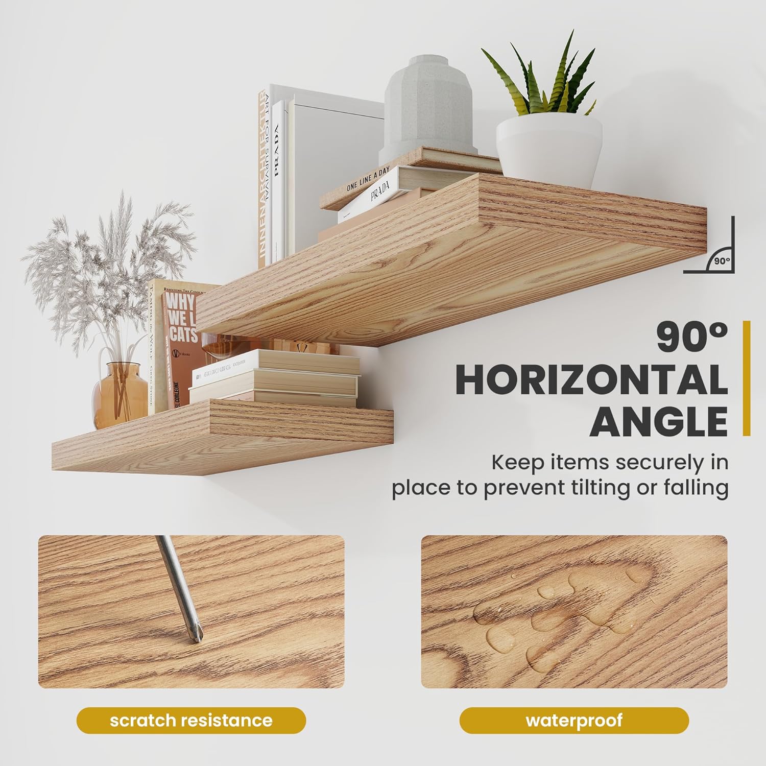 24 Inch Floating Shelves, 9.3" Deep Floating Shelf Wall Mounted, 24" Wall Shelves, Rustic Deep Bookshelf, Large Display Shelves & Storage Shelves for Bedroom, Living Room, Light Brown, Set of 2