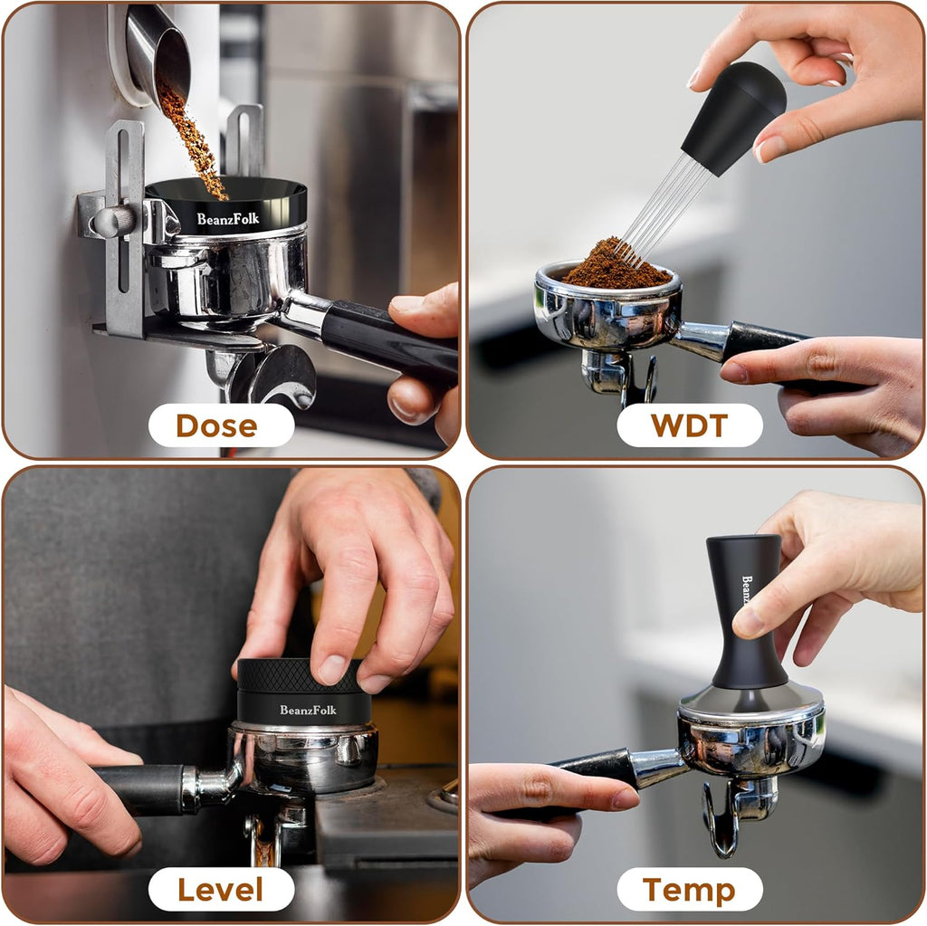 8-Piece Espresso Accessory Set – 53 mm Tools (Fits 54 mm Portafilters) – Tamper Station, Tamper, Distributor/Leveler, WDT Tool, Dosing Ring, Cleaning Brush, Puck Screen & Silicone Mat