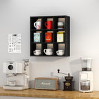 Helsin 9 Grid Vintage Coffee Mug Display Rack, 16inch Wall Mounted Wooden Curio Shadow Box Shelf, Cup Floating Shelves Display and Organizer (Black)