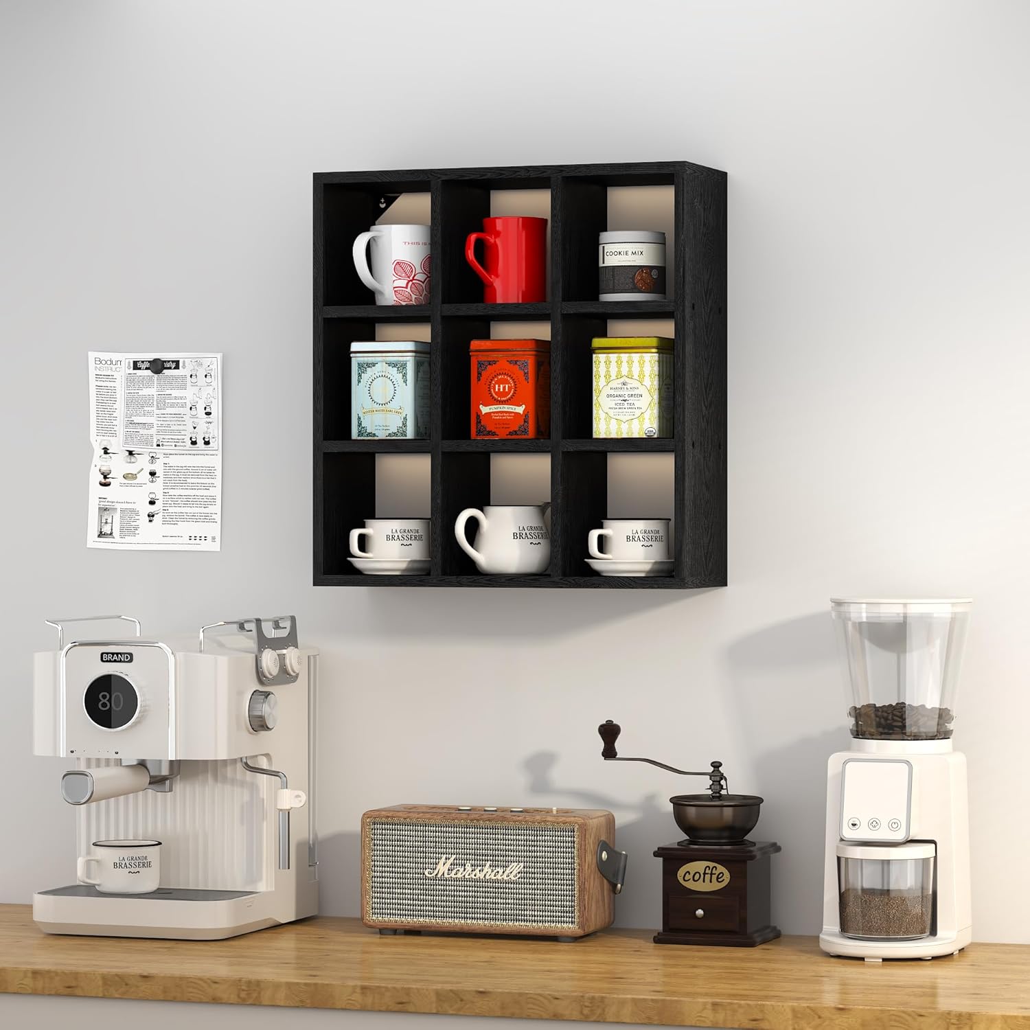 Helsin 9 Grid Vintage Coffee Mug Display Rack, 16inch Wall Mounted Wooden Curio Shadow Box Shelf, Cup Floating Shelves Display and Organizer (Black)