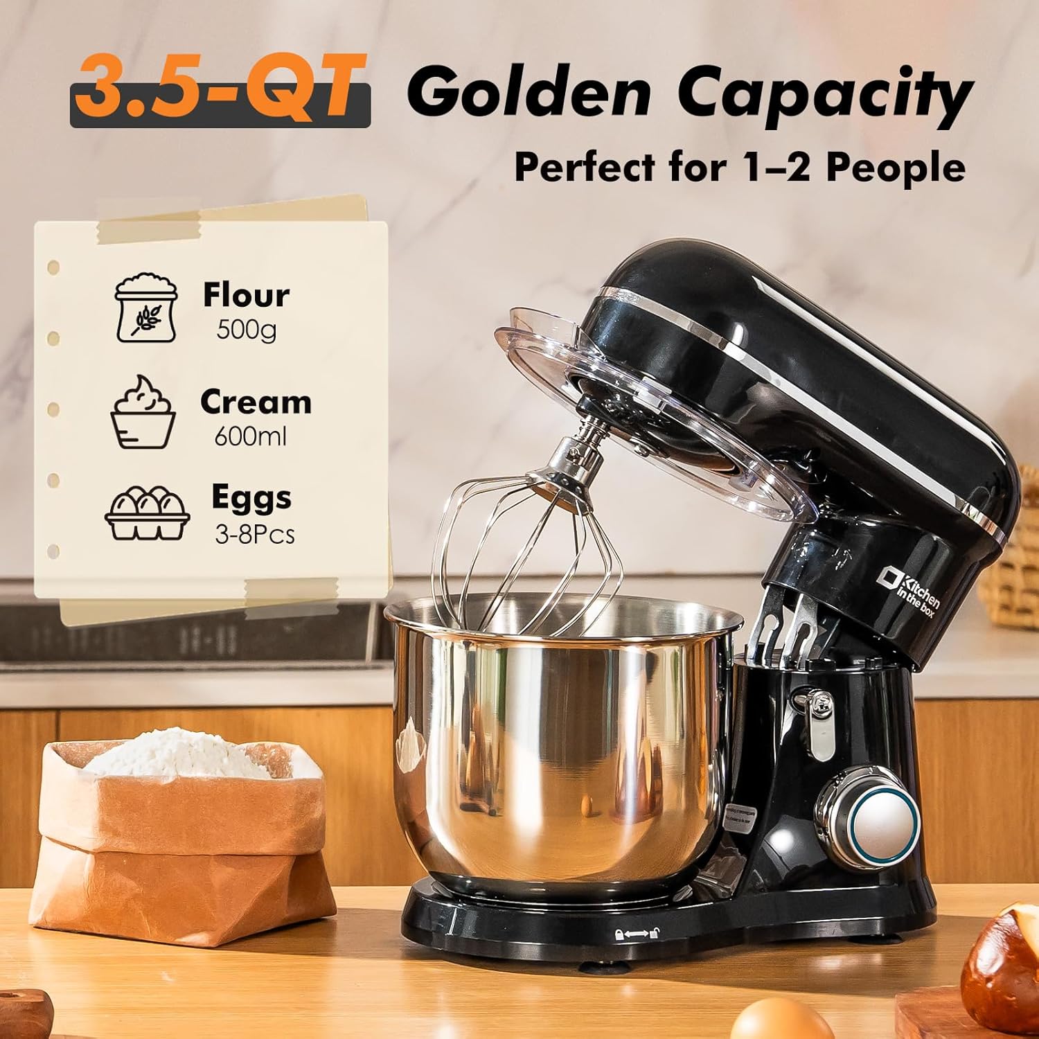 Kitchen in the Box Stand Mixer, 3.5 QT Small Electric Kitchen Mixer, 10-Speed Portable Lightweight Food Mixer with Stainless Steel Bowl, Egg Whisk, Dough Hook, Beater (Black)