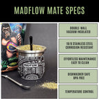 MADFLOW Yerba Mate Cup. Stainless Steel Mate Cup with 2 Bombillas. Double Wall Vacuum Insulated Yerba Mate Gourd. Unique Mate Cup And Bombilla Set