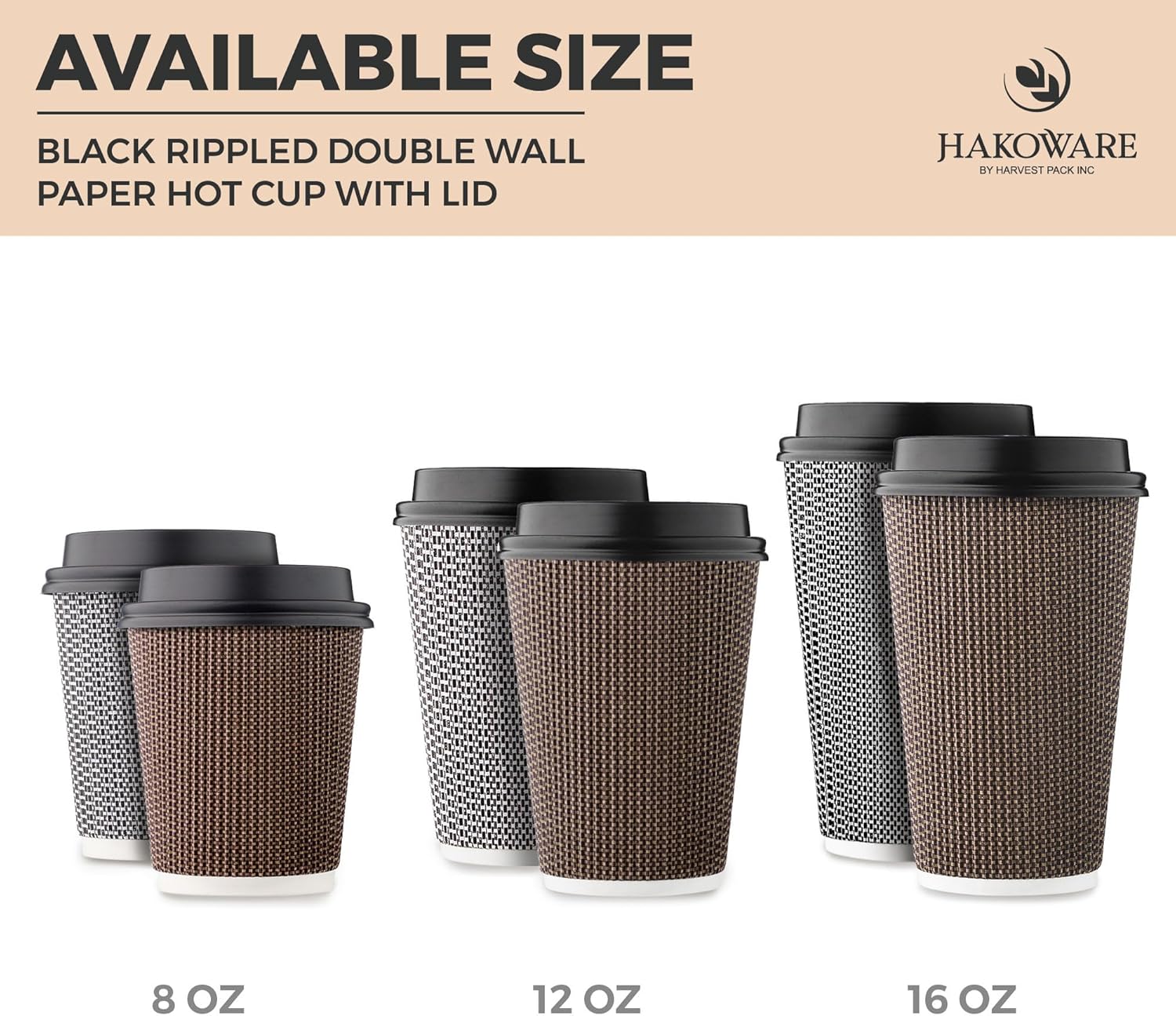 [400 SET]Harvest Pack 12 oz Disposable Coffee Cups, Insulated Ripple Double-Walled Paper Cup with Lid, Brown Geometric, Tea Hot Chocolate Drinks To go coffee cups