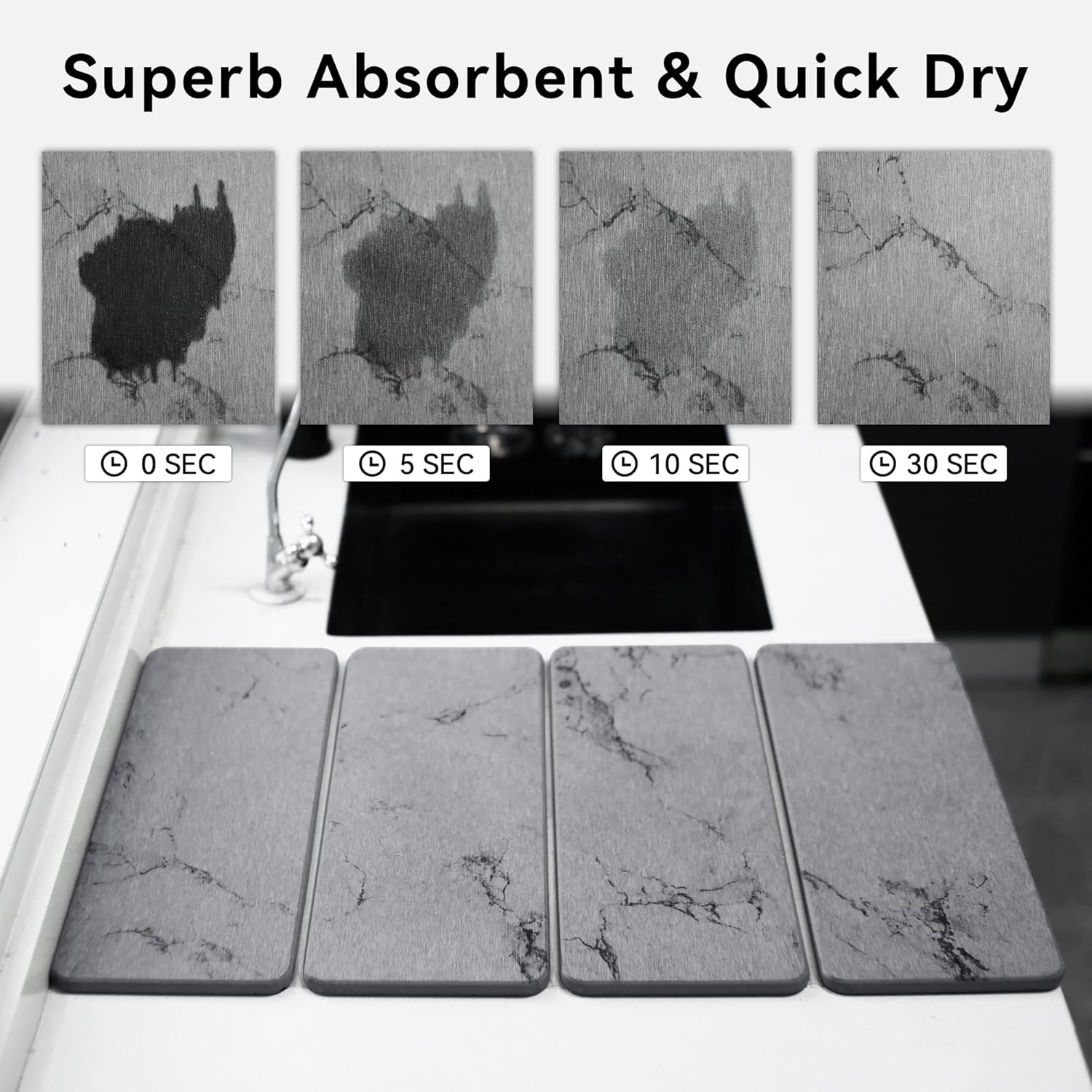 Large Stone Dish Drying Mat, Foldable Stone Drying Mat, 24" x 16" Diatomaceous Earth Drying Mat for Kitchen Counter, Super Absorbent Fast Dry Mat, Drying Board Diatomaceous for Kitchen, Marble Gray