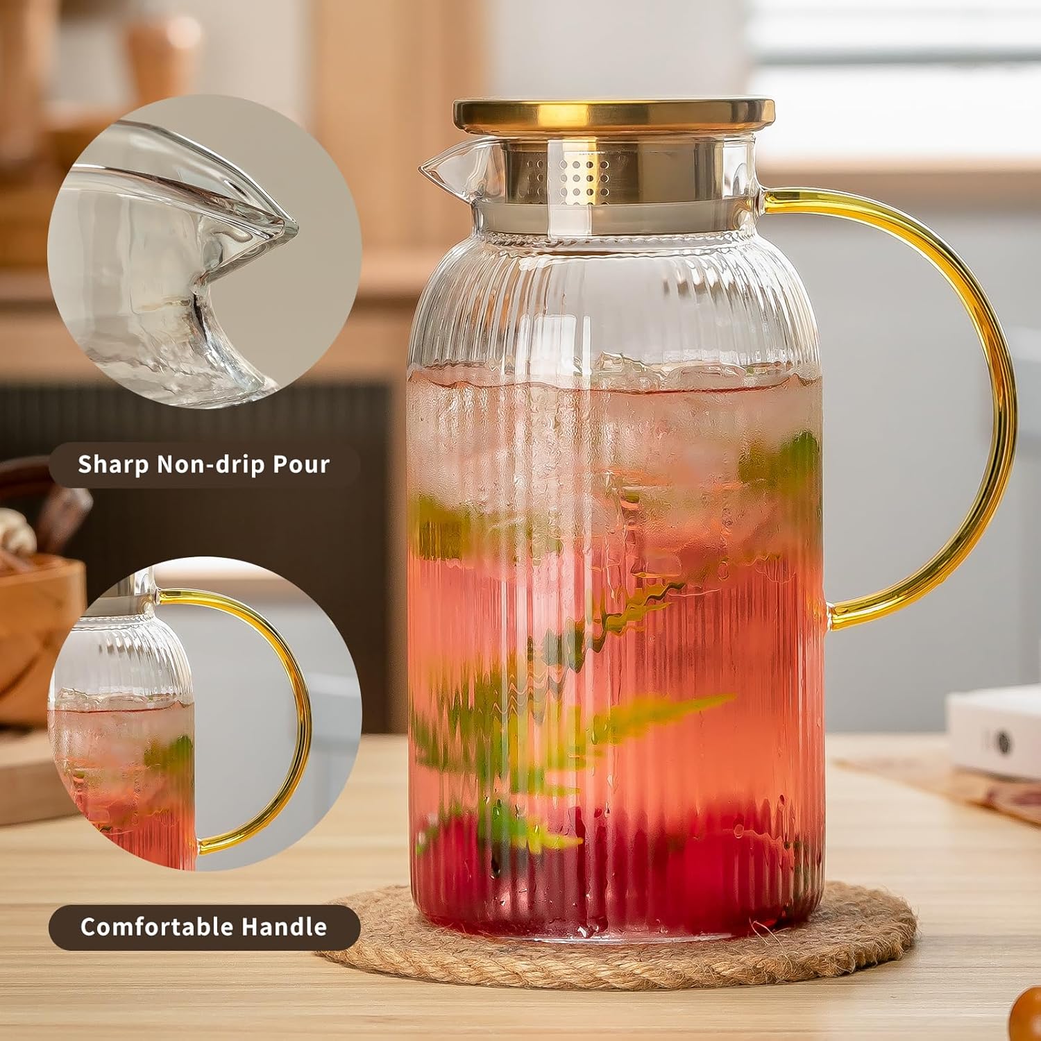 2 PACK Glass Pitcher with Lid, 84oz/2.5L Liter Classic Vertical Stripes Water Pitcher,Glass Water Carafe for Cold Brew, Coffee, Lemonade, Iced Tea,Sun Tea, Beverage, Heat Resistant