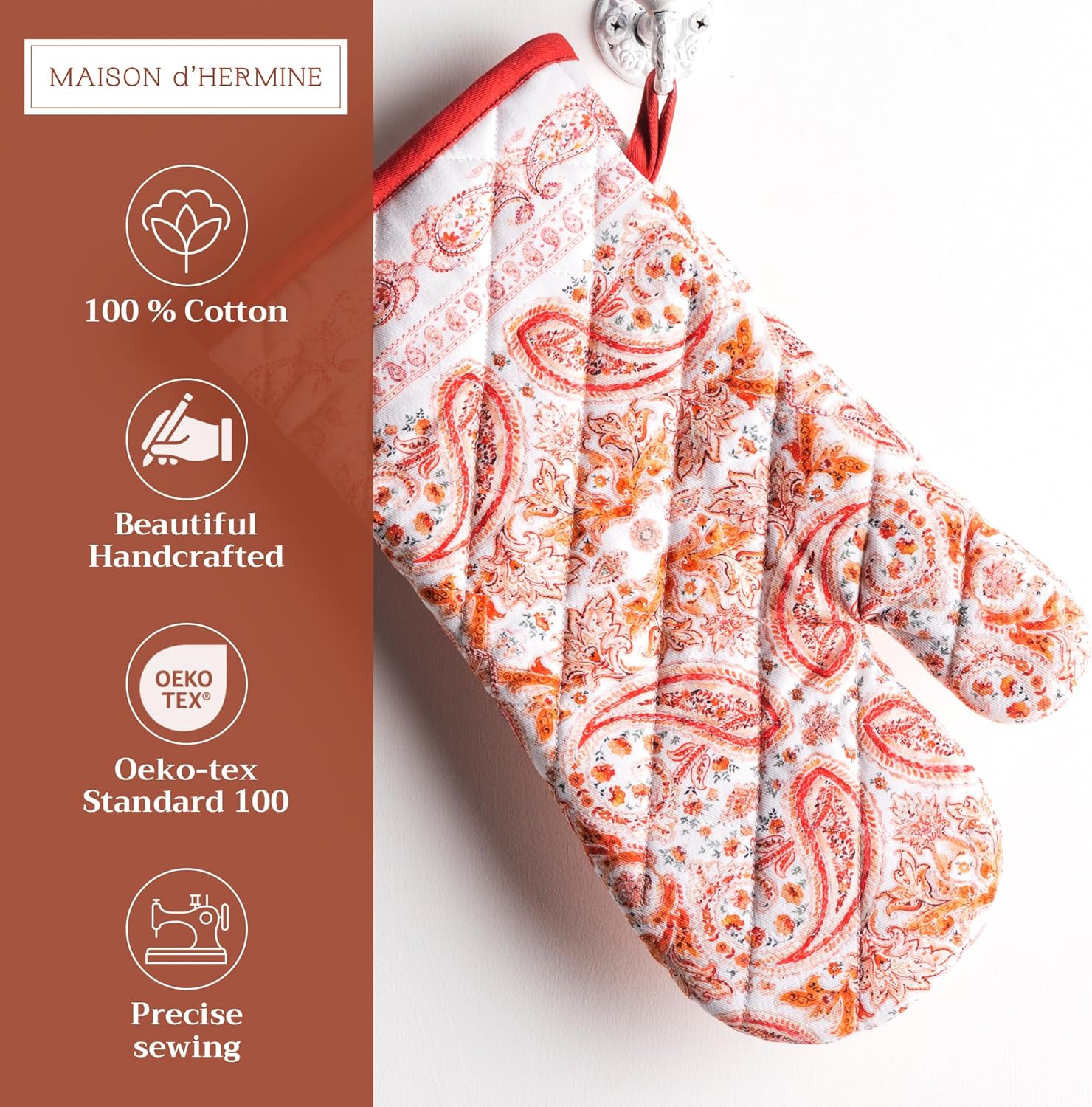 Maison d' Hermine Oven Gloves 100% Cotton Oven Mitt 7" x 13" with Loop Heat Resistant, BBQ, Cooking Gloves, Baking, Grilling, Kitchen, Handling Hot Pans (Pack of 1, Orient)