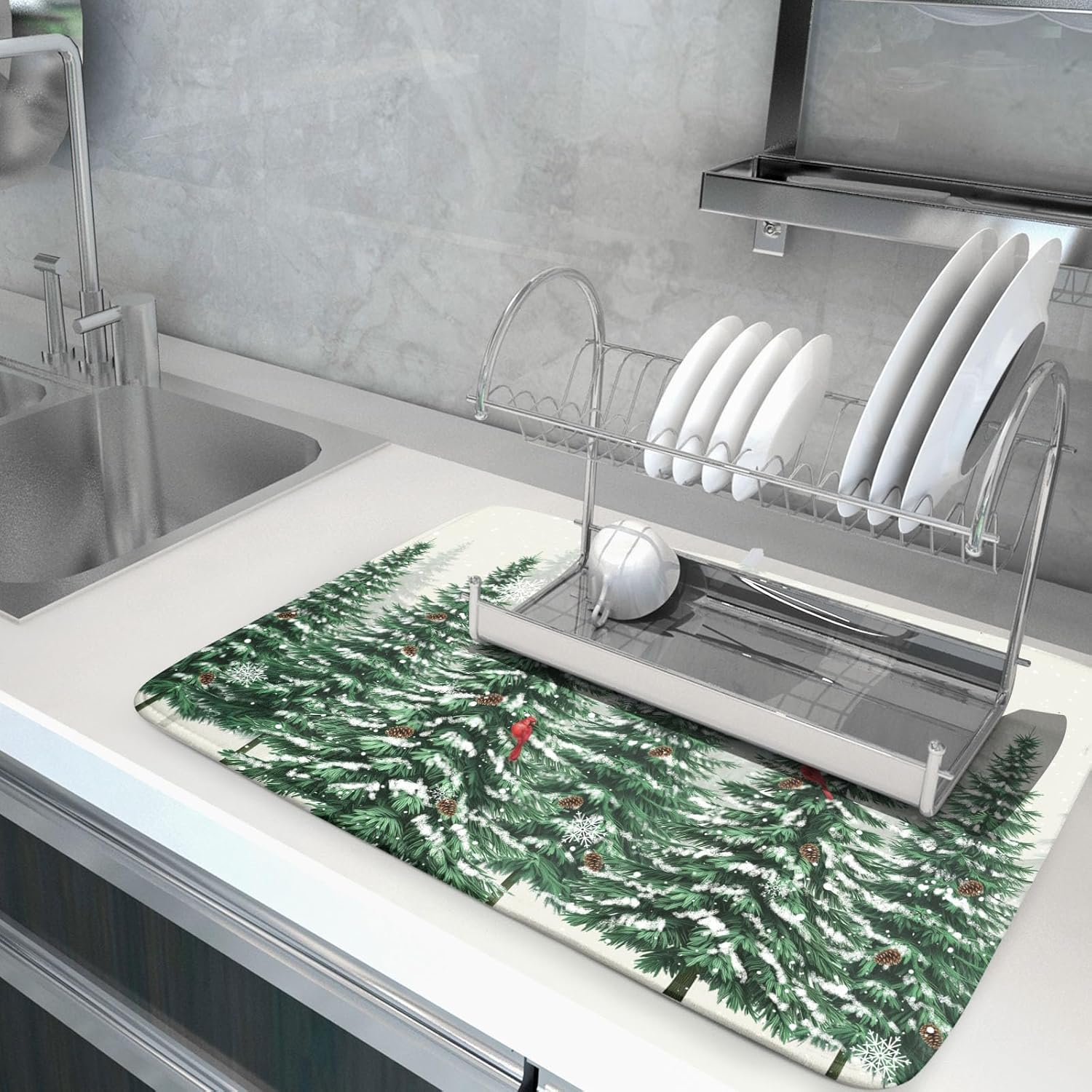 Winter Green Pine Tree Dish Drying Mat for Kitchen Counter,Red Bird Snowflake Drying Mat 18 x 24 Inch with High Absorbent Microfiber Drainer Mat for Coffee Bar