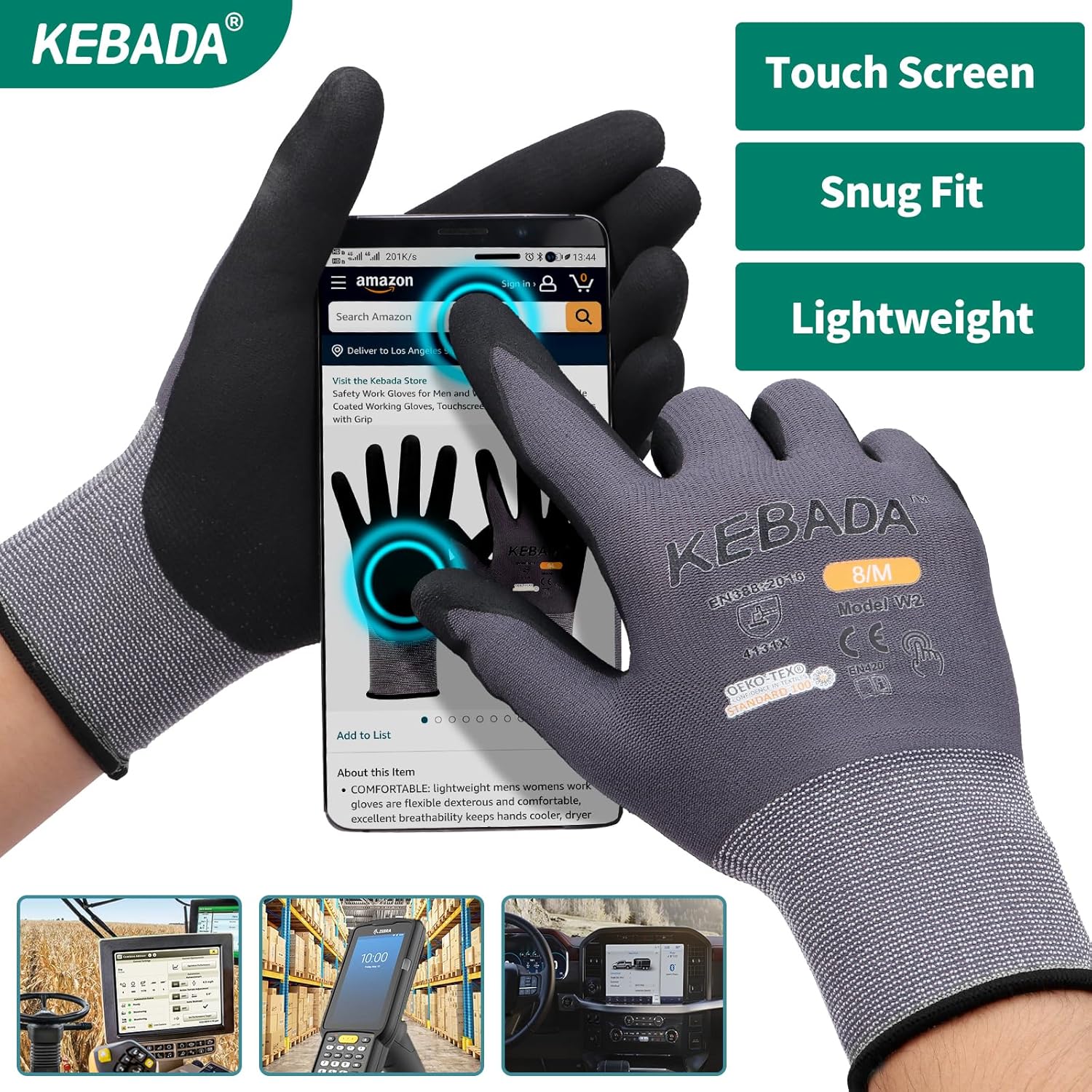 Kebada W2 Safety Work Gloves, Micro-Foam Nitrile Coated Gloves, Touchscreen,Ideal for Package Handling, Gardening, Construction, 1 Pair X-Large