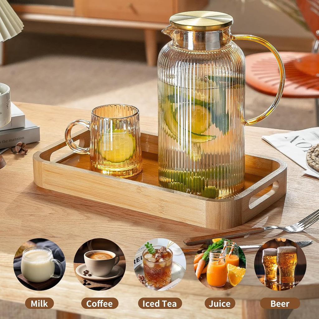 2 PACK Glass Pitcher with Lid, 68 oz/ 2 Liter Amber Classic Vertical Stripes Water Pitcher,Glass Water Carafe for Cold Brew, Coffee, Lemonade, Iced Tea,Beverage, Heat Resistant Water Glass Jug