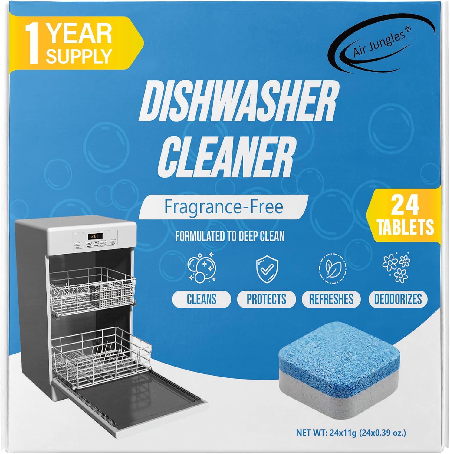 Air Jungles Dishwasher Cleaner Tablets 24 Count, Fragrance Free, Deep Cleaning Descaler Pods, Clean Dishwasher Machine, Remove Limescale, Hard Water, Calcium, Odor, 12 Month Supply