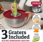 Priority Chef Stainless Steel Mixing Bowls with Lids Set, 3 Grater Attachments, Airtight Lids, Non-Slip Silicone Base Mixing Bowl Set, Large Prep Metal Mixing Bowls for Kitchen, Red