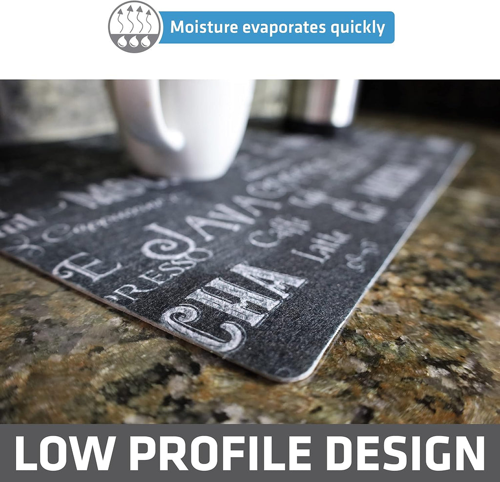 Drymate Coffee Maker Mat, (Coffee Station Bar Accessory) Protects Kitchen Countertops From Spills, Stains & Scratches, Absorbent, Waterproof, Washable (USA Made) (12” x 20”) (Java Chalkboard)