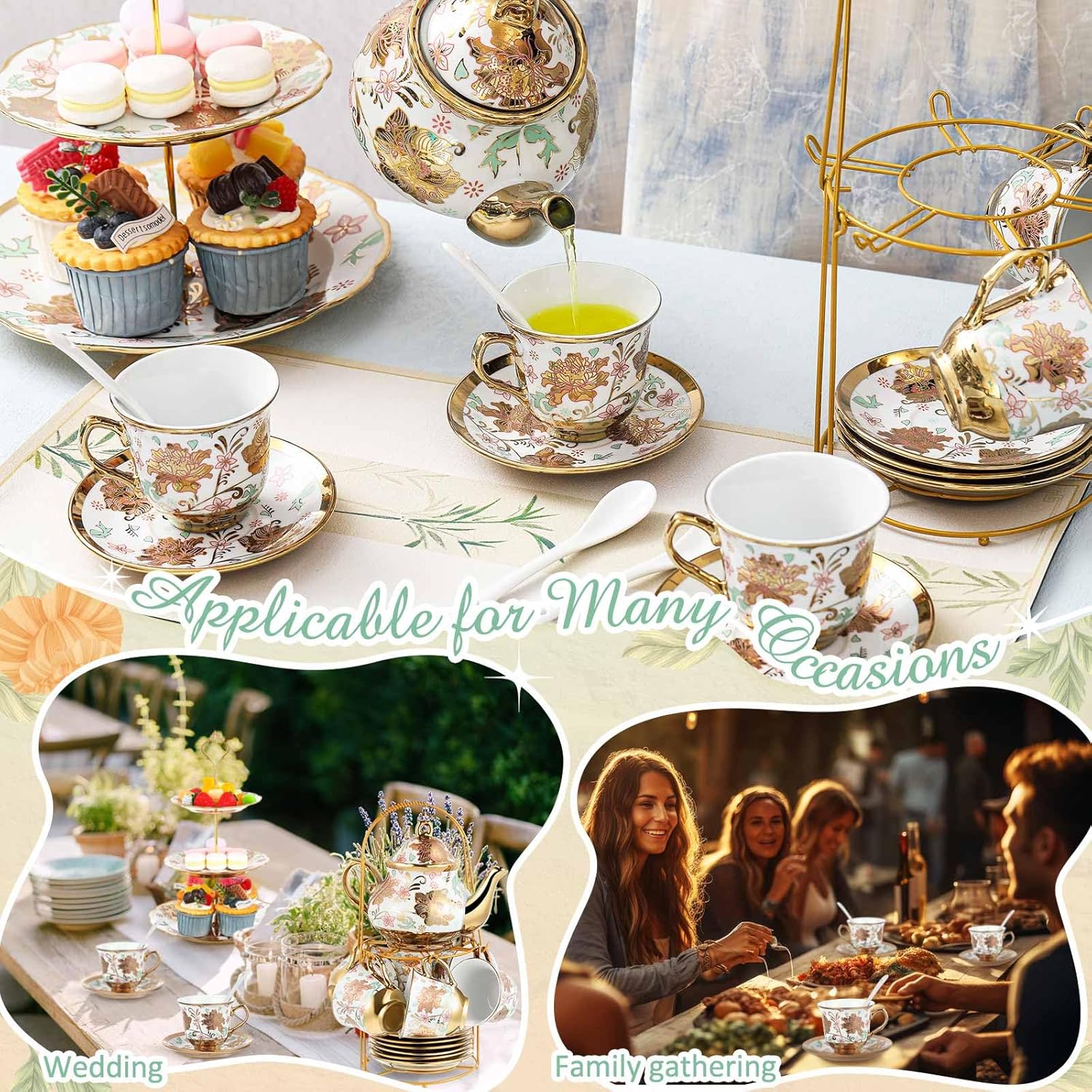 Maxcheck 21 Pcs Tea Party Set for Adults European Floral Tea Set with Metal Holder and 3 Tier Ceramic Cake Stand Porcelain Flower Cup Teapot for Dessert Cupcake(Classic Style)