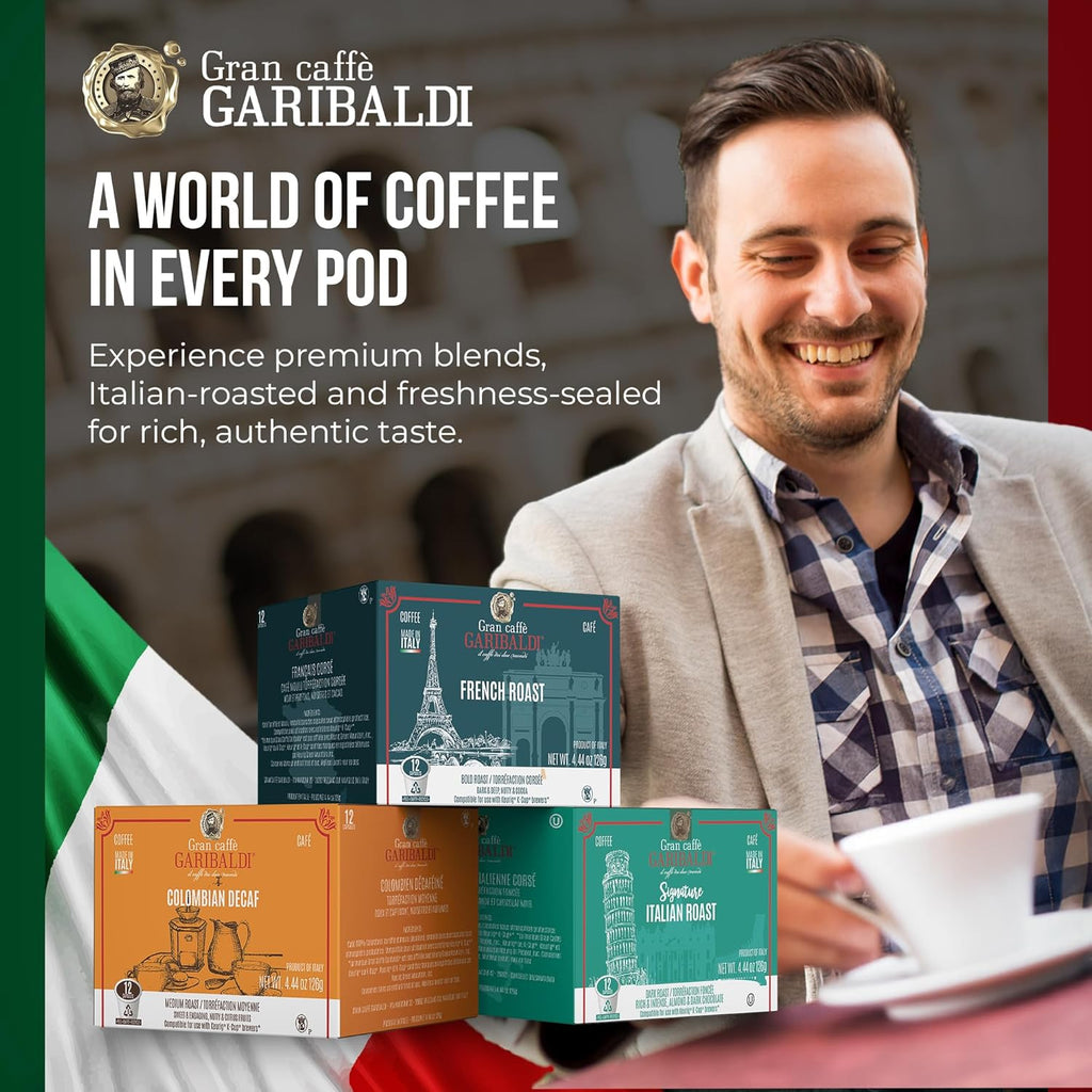Caffè Garibaldi Italian Roast Coffee, Single-Serve Capsules for Keurig K-Cup Brewers, 100% Arabica Blend Coffee Pods, Recyclable Cups for Single Serve Machines, 72 Count K-Pods - Dark Roast
