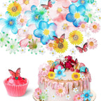 55 Pcs Edible Flowers & Butterflies Cake Decorations - Cupcake Toppers for Wedding, Birthday Party Food (Mixed Size & Colour)
