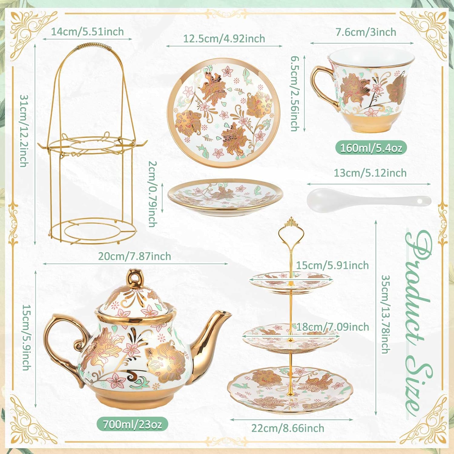 Maxcheck 21 Pcs Tea Party Set for Adults European Floral Tea Set with Metal Holder and 3 Tier Ceramic Cake Stand Porcelain Flower Cup Teapot for Dessert Cupcake(Classic Style)