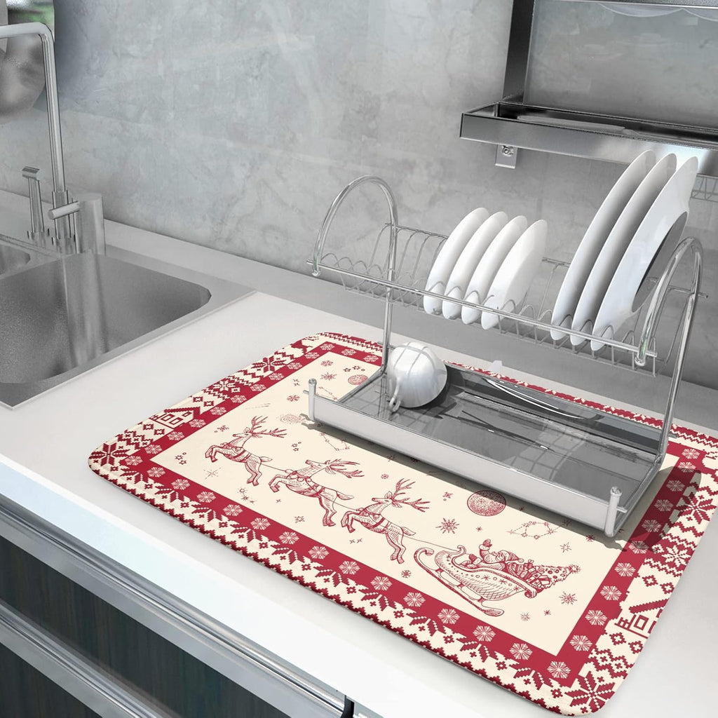 Christmas Moose Dish Drying Mat 18x24 for Winter Santa Claus Kitchen Counter Decor Absorbent Reversible Microfiber Deers Animal Dishes Pad Dish Drainer Rack Mats Kitchen Accessories