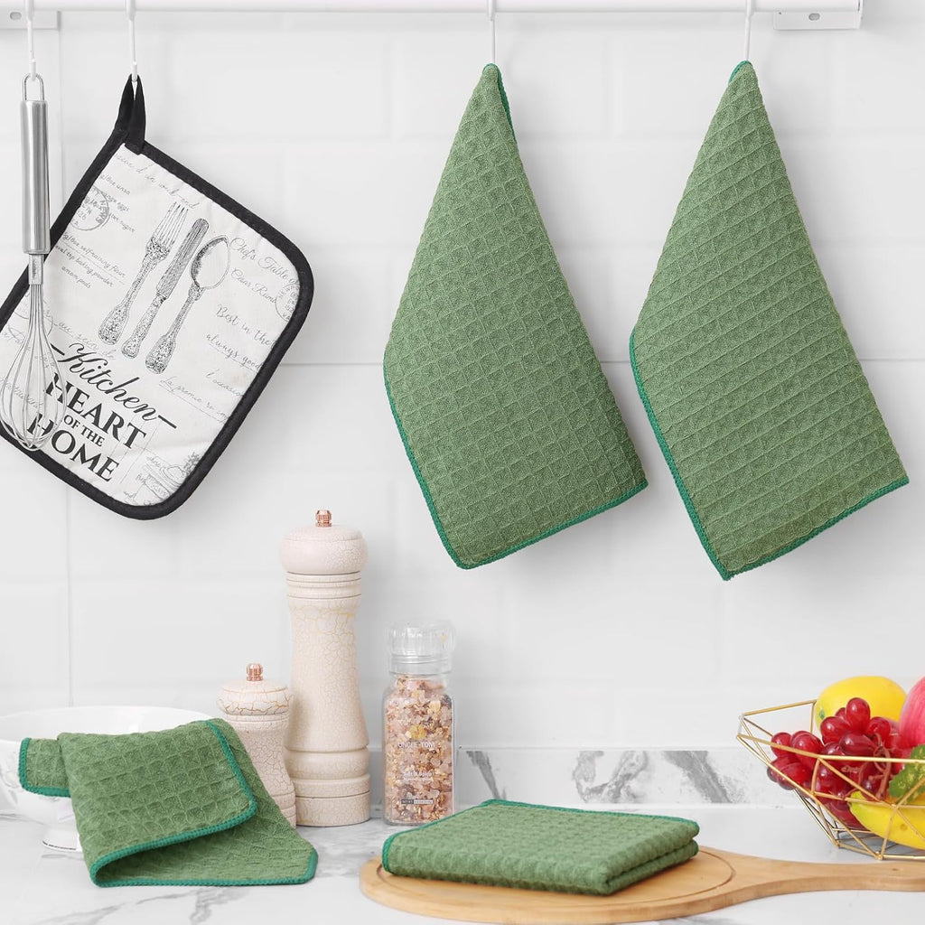 Homaxy Microfiber Waffle Weave Kitchen Dish Cloths, 12 x 12 Inch Ultra Absorbent and Solid Color Dish Towels for Kitchen Fast Drying Dishcloth for Washing Dishes, 6 Pack, Grass Green