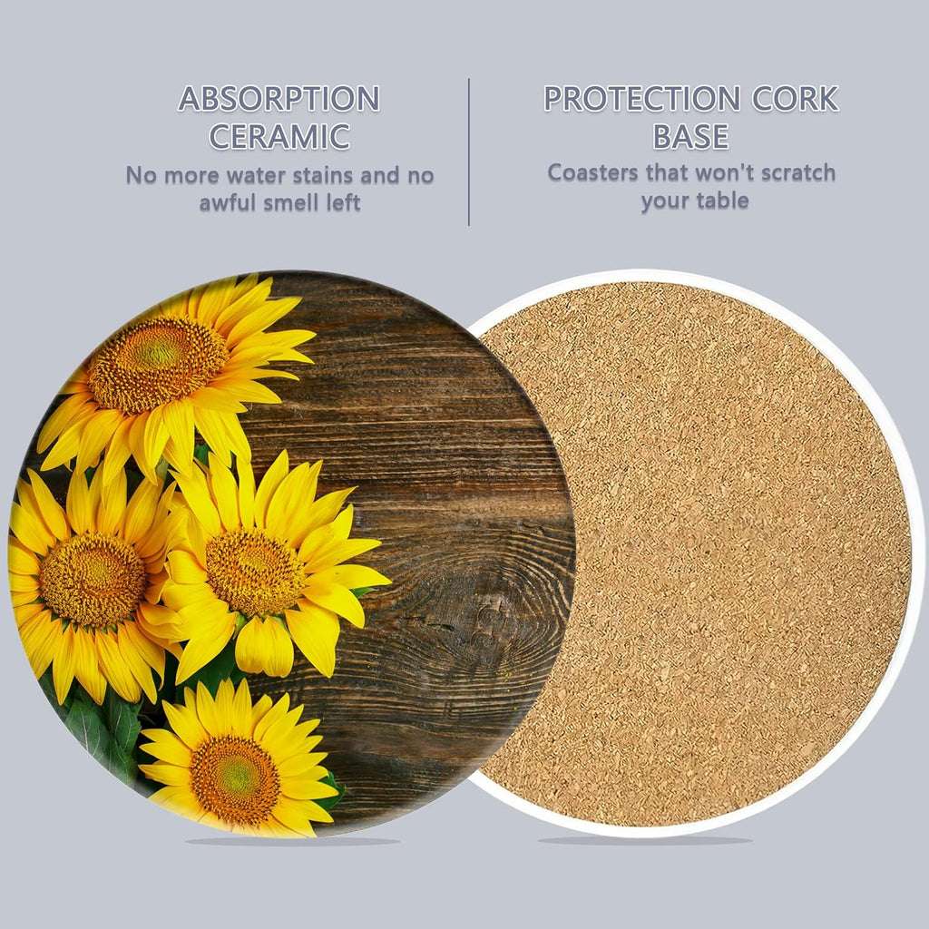 Table Coaster for Drinks Set of 6, Vintage Sunflower Wood Round Ceramic Coasters,with Cork Base and Metal Holder,Great Housewarming Birthday Gifts,Home Decor