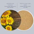 Table Coaster for Drinks Set of 6, Vintage Sunflower Wood Round Ceramic Coasters,with Cork Base and Metal Holder,Great Housewarming Birthday Gifts,Home Decor