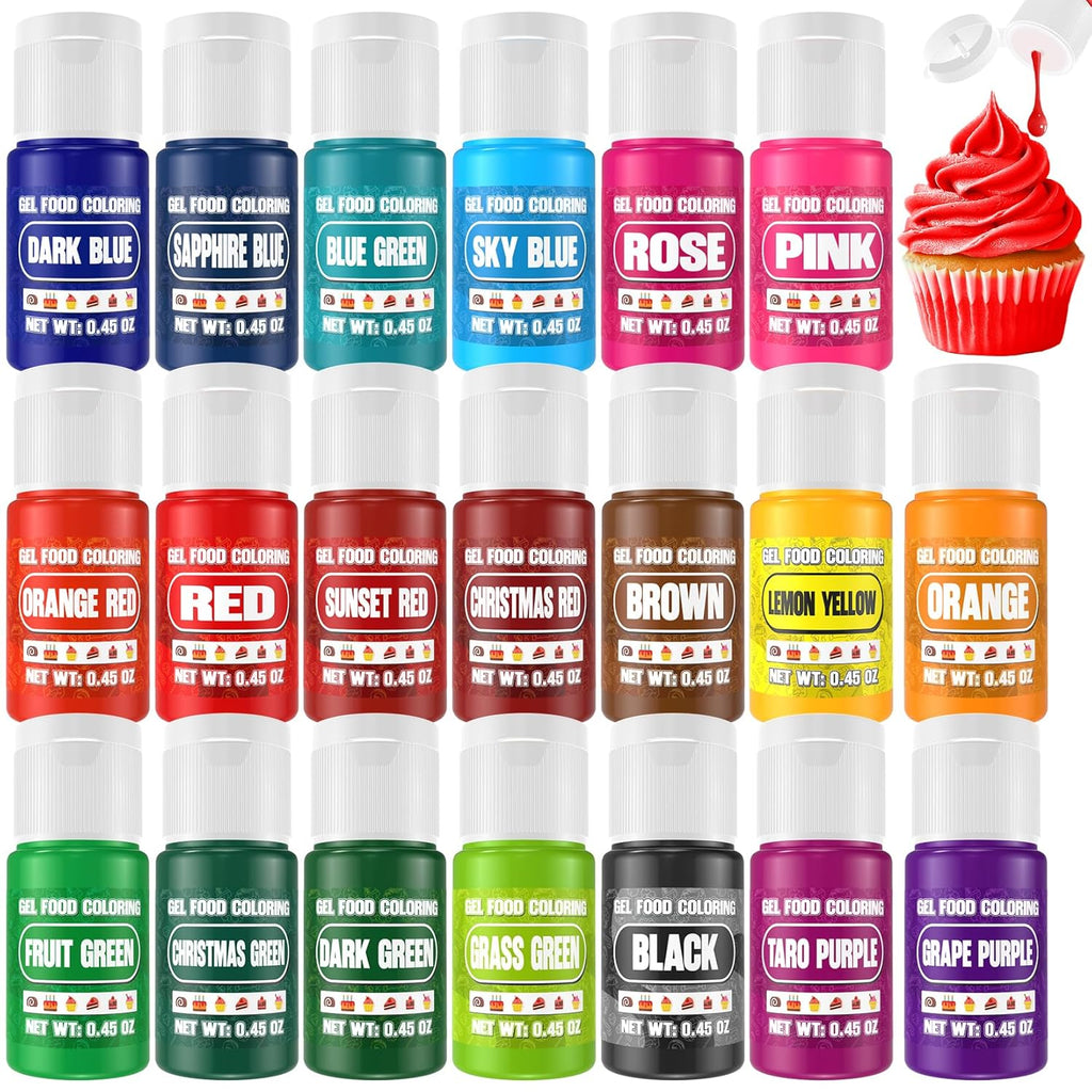 Gel Food Coloring - 20 Colors Gel Food Dye Set, Flavorless Vibrant Edible Concentrated Coloring for Baking, Cake, Cookie, Fondant, Icing, Macaron, Frosting - 0.45 Fl.Oz Bottles