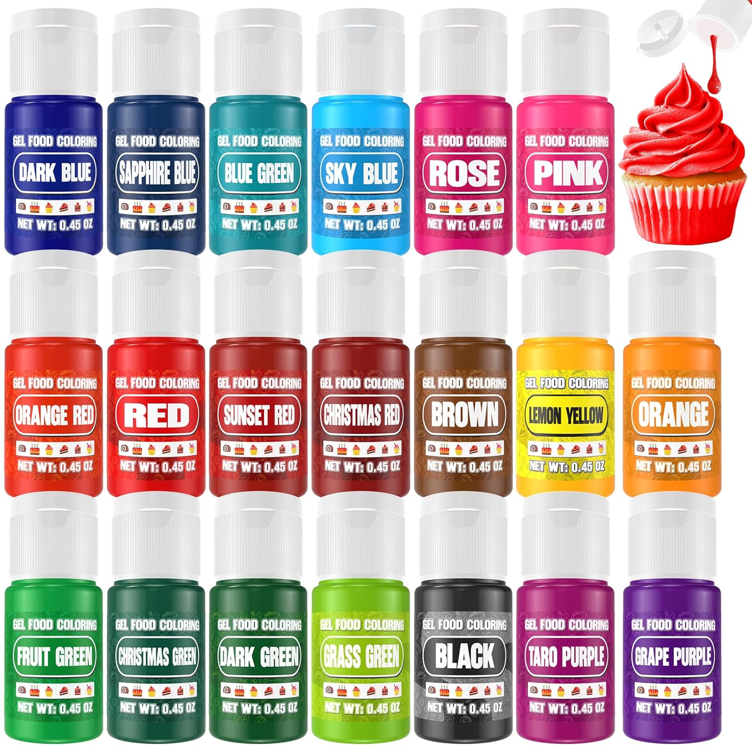Gel Food Coloring - 20 Colors Gel Food Dye Set, Flavorless Vibrant Edible Concentrated Coloring for Baking, Cake, Cookie, Fondant, Icing, Macaron, Frosting - 0.45 Fl.Oz Bottles