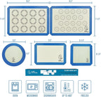 Silicone Baking Mat Set of 5-2 Half Sheets (Macaron & Cookie Circle On Mat) + 1 Quarter + 1 Round & 1 Square Size Silicone Baking Sheet - Nonstick & Easy to Clean - 100% Silicone Mats for Baking