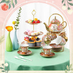 Maxcheck 21 Pcs Tea Party Set for Adults European Floral Tea Set with Metal Holder and 3 Tier Ceramic Cake Stand Porcelain Flower Cup Teapot for Dessert Cupcake(Romantic Style)