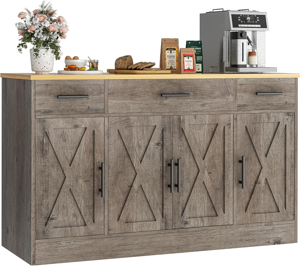 Vongrasig 53" Large Sideboard Buffet Cabinet With 4 Doors and 3 Drawers, Farmhouse Coffee Bar Kitchen Storage Cabinet, Wood Table for Kitchen, Dining Room, Ash Grey
